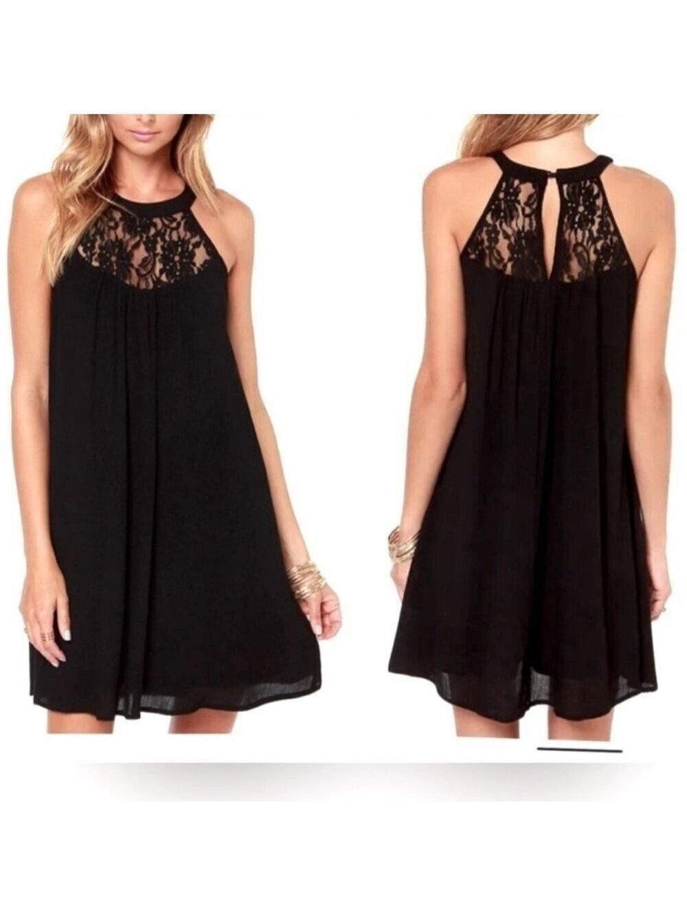 NWT LULUS Exclusive Crepe Draped Sleeveless Black Lace Dress size Small